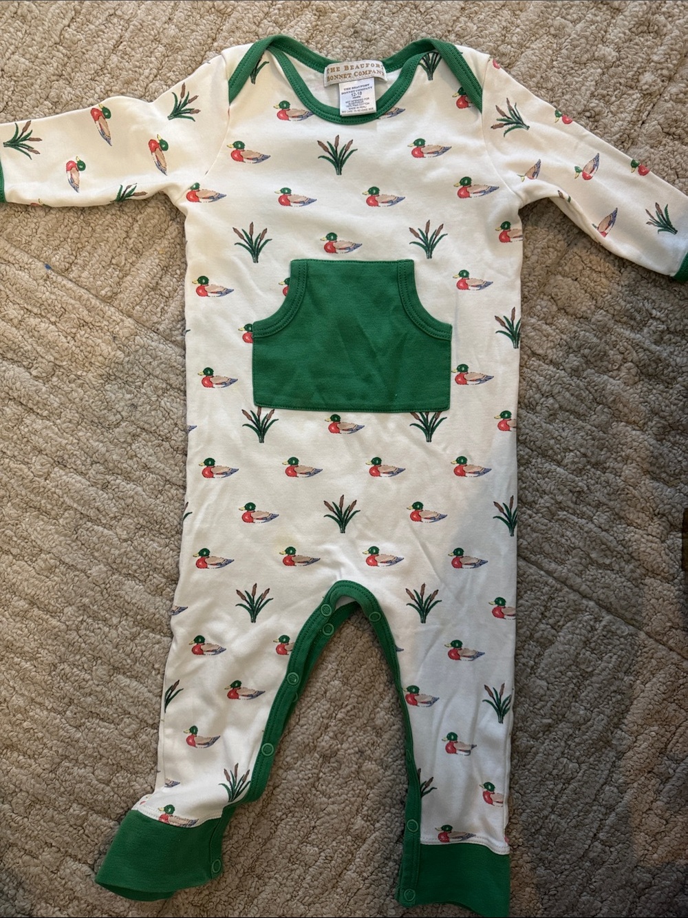 The Beaufort Bonnet Company Cream One-Piece with Green Trim & Duck Print